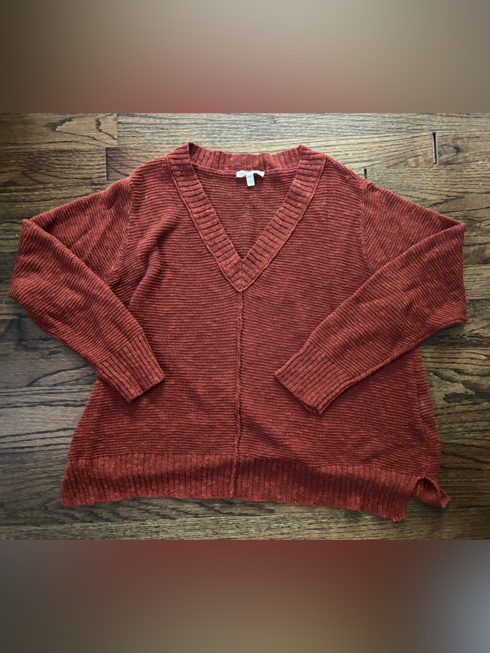 Eileen Fisher V-Neck Sweater in Rust Red linen cotton XL